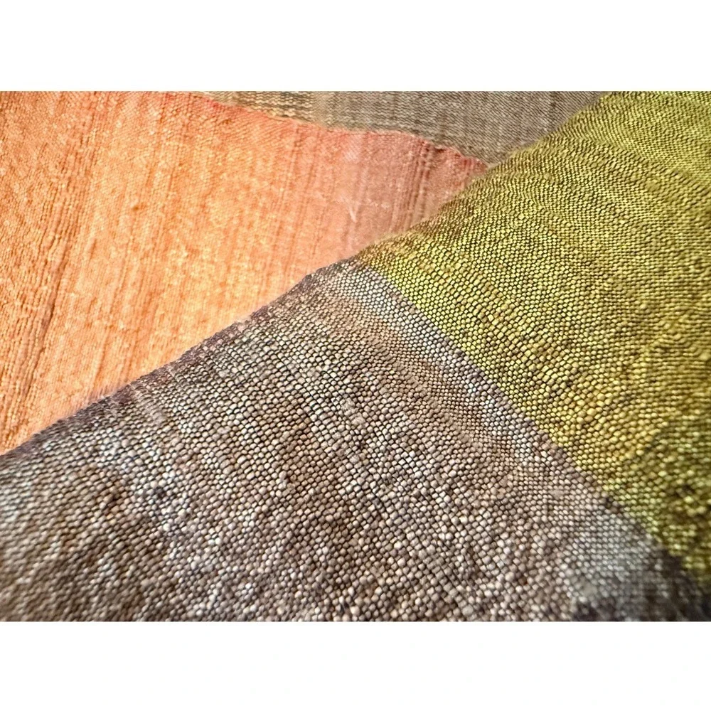 Handwoven Raw Thai Silk Colorblock‎ Scarf Orange Gold Taupe Fringed 55x13